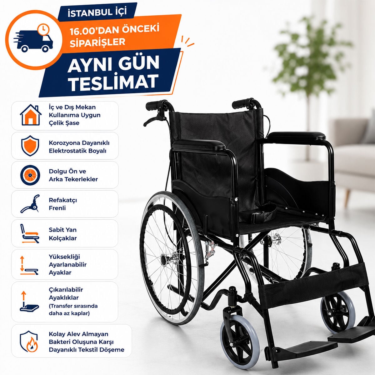 Tagesan 120 KG Taşıma Kapasiteli Ky809bj Siyah Kumaş Standart Transfer Refakatçı Frenli Tekerlekli Sandalye