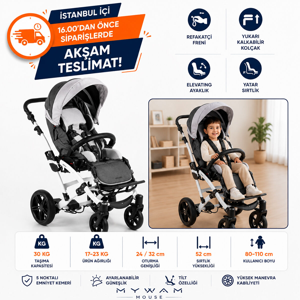 Mywam Mouse Engelli Çocuk Puseti | Avrupa Üretimi, 80-110 cm Kullanıcı Boyuna Uygun Fonksiyonel Model