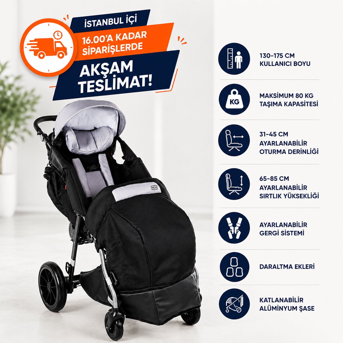 Mywam Yeti Engelli Çocuk Puseti Full Aksesuarlı | Avrupa Üretimi, Büyük Beden Kullanıcılar İçin Premium Pozisyonlandırma Modeli
