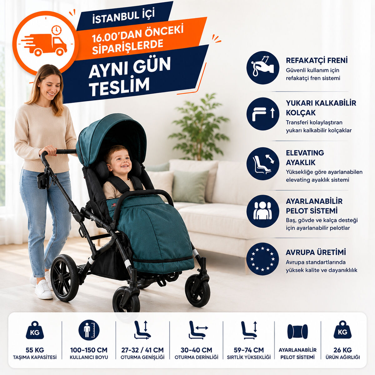 Mywam Alfa Engelli Çocuk Puseti Full Aksesuarlı | Avrupa Üretimi, Katlanabilir ve Gelişmiş Pozisyonlandırma Destekli Model
