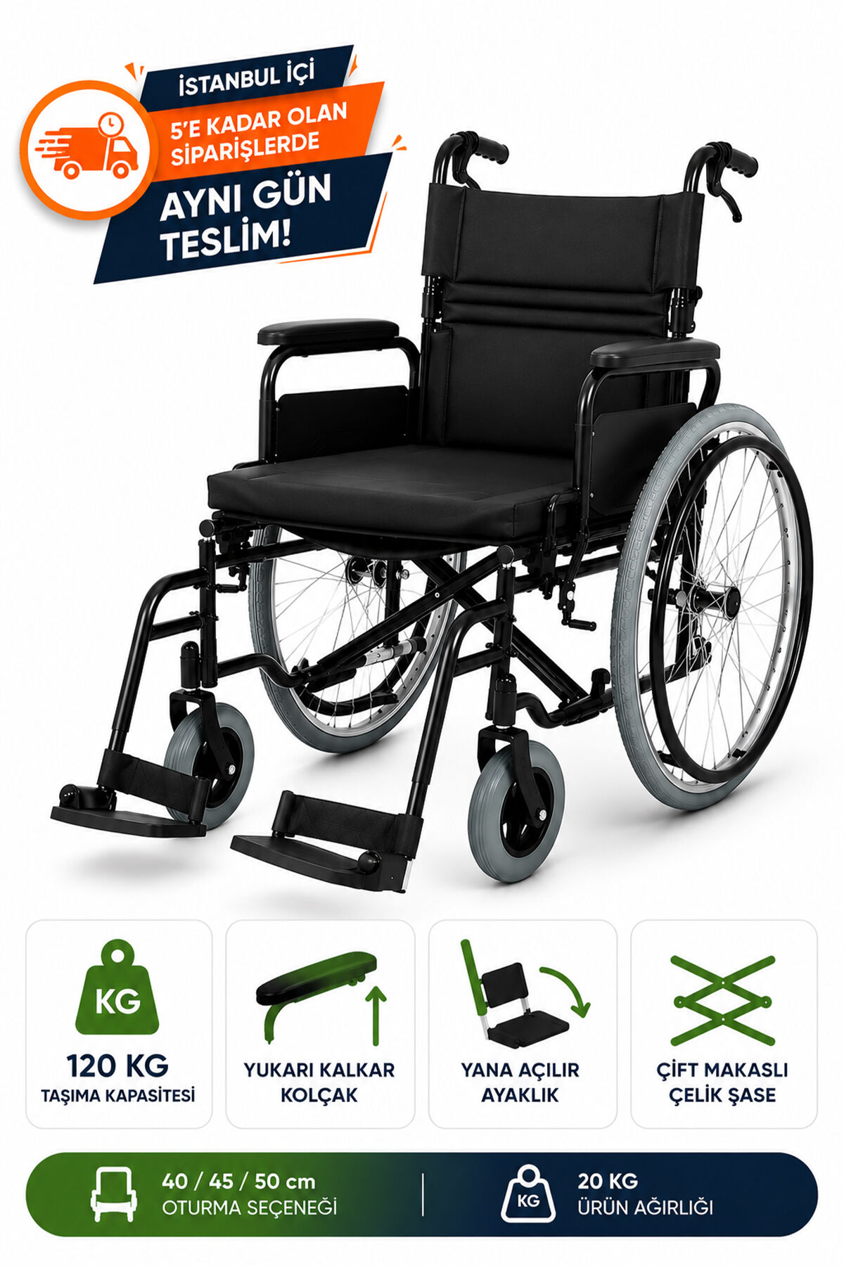 P108 Çelik Tekerlekli Sandalye | 40 cm Oturma Genişliği ile Dayanıklı ve Pratik Manuel Sandalye