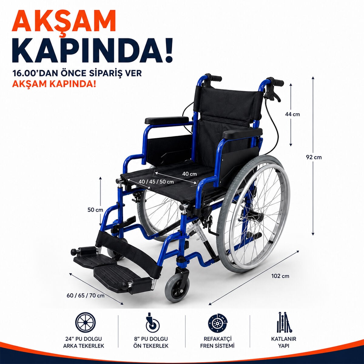 P110 Özellikli Standart Manuel Tekerlekli Sandalye | 45 cm Oturma Genişliğine Sahip Dayanıklı ve Pratik Model