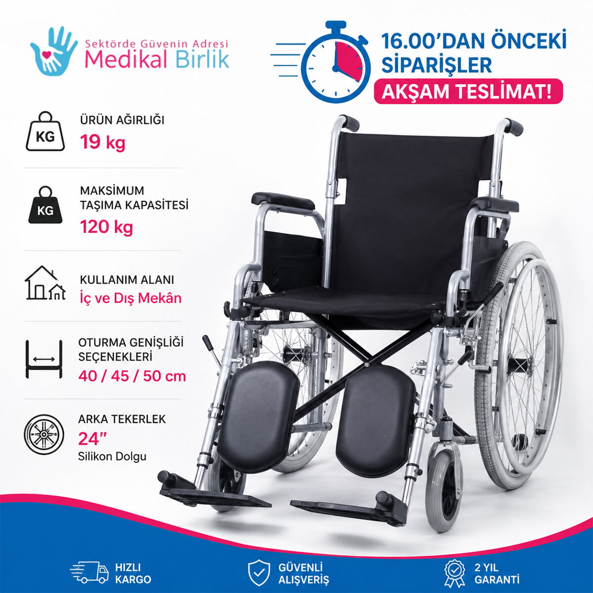 P112 Manuel Tekerlekli Sandalye | 50 cm Oturma Genişliğine Sahip Dayanıklı ve Konforlu Model
