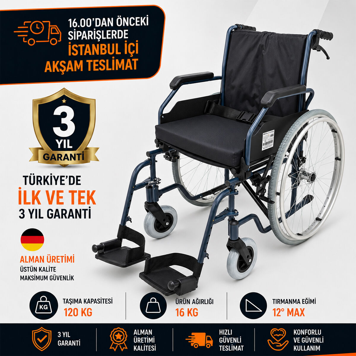 RÖMER R213 Lüx Alüminyum Manuel Tekerlekli Sandalye 51 cm | Katlanabilir Refakatçi Frenli Hafif Manuel Sandalye