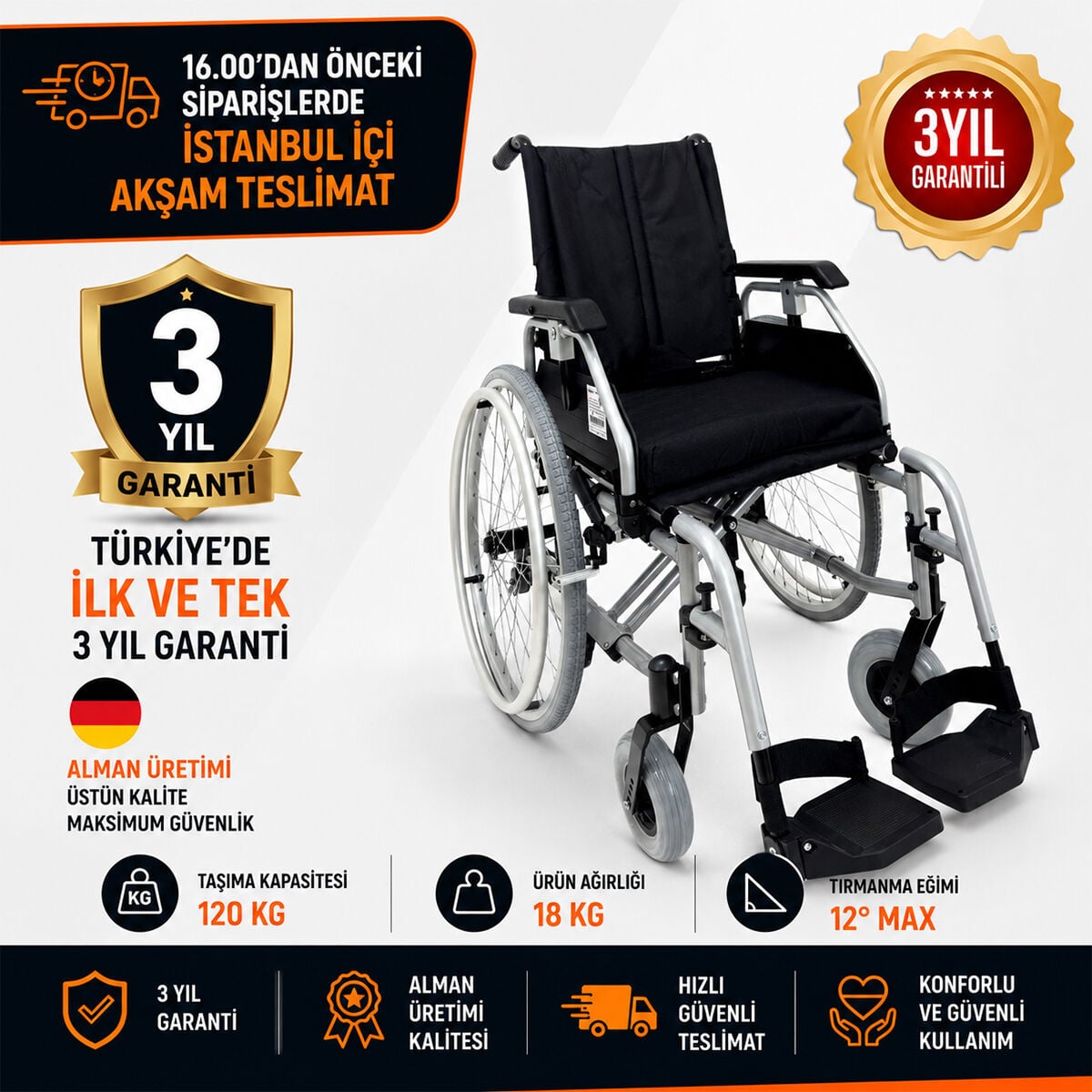 Römer R223 45 cm Lüks Özellikli Alüminyum Manuel Tekerlekli Sandalye
