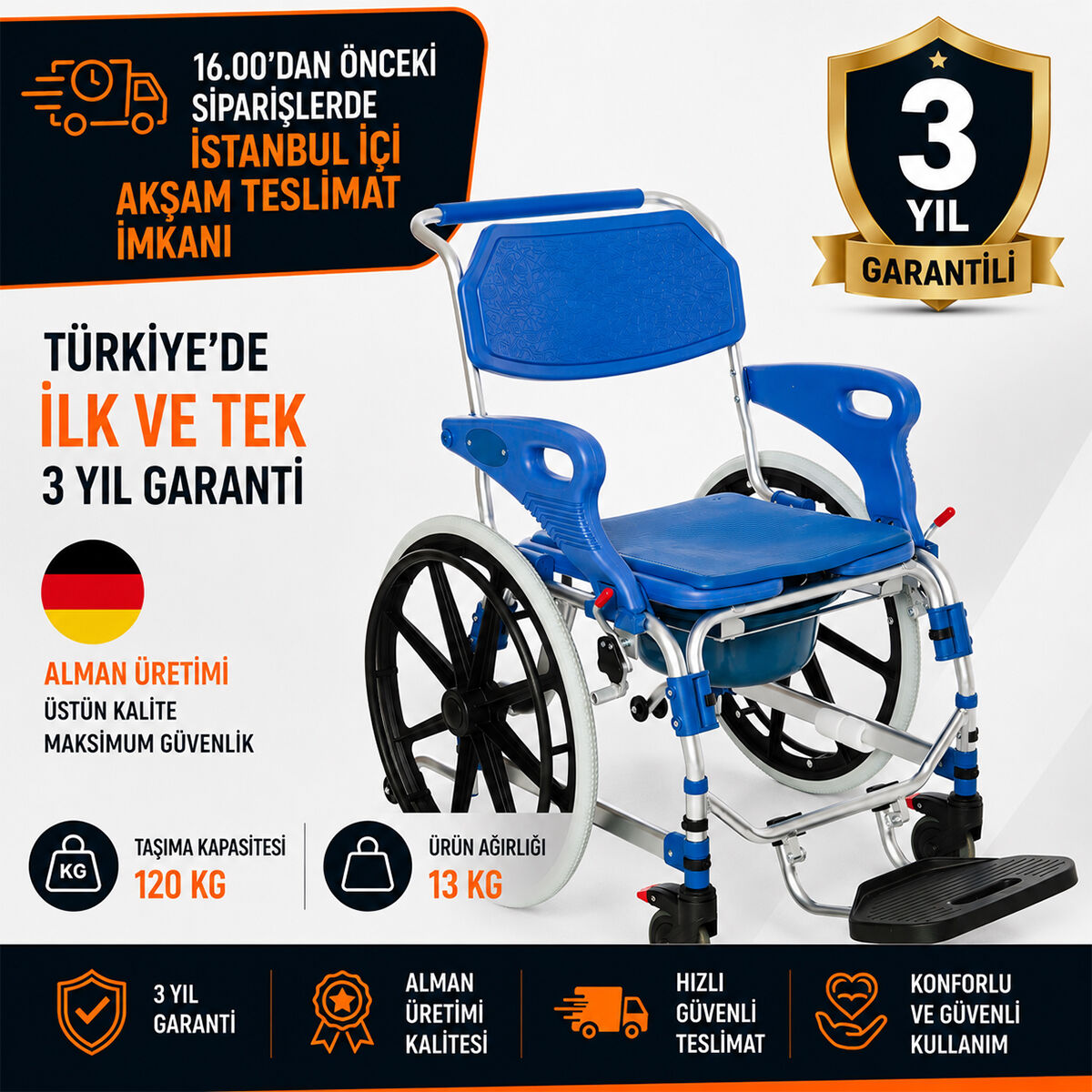 Römer R403 Mavi Büyük Tekerlekli Banyo Tuvalet Sandalyesi