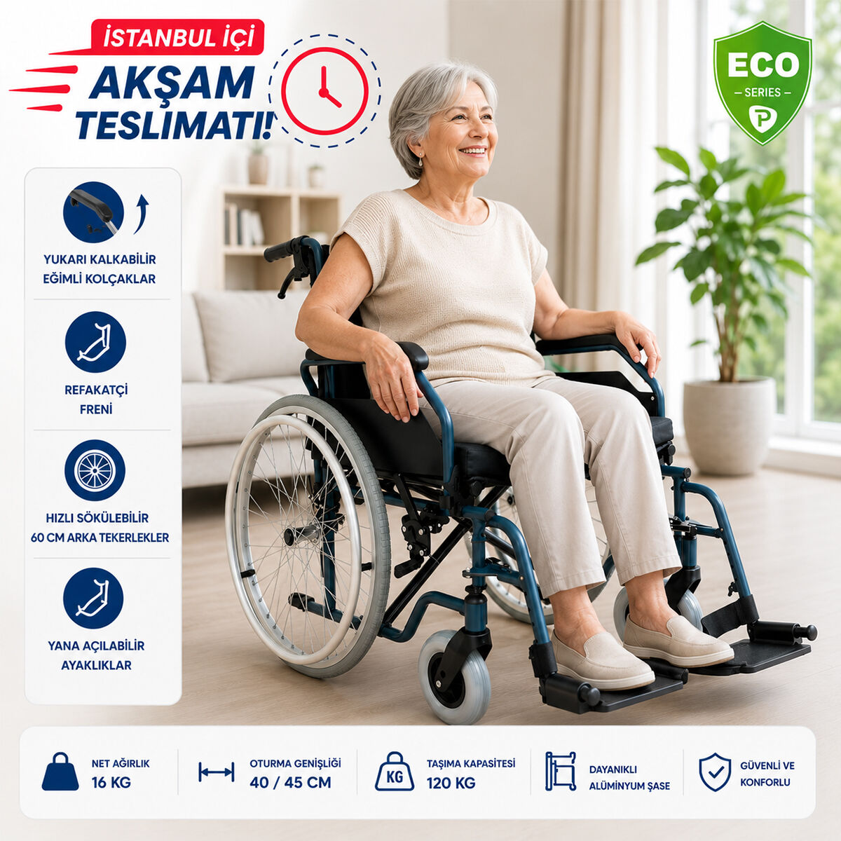 P951 Alüminyum Tekerlekli Sandalye | 40 cm Oturma Genişliği ile Hafif ve Dayanıklı Manuel Sandalye
