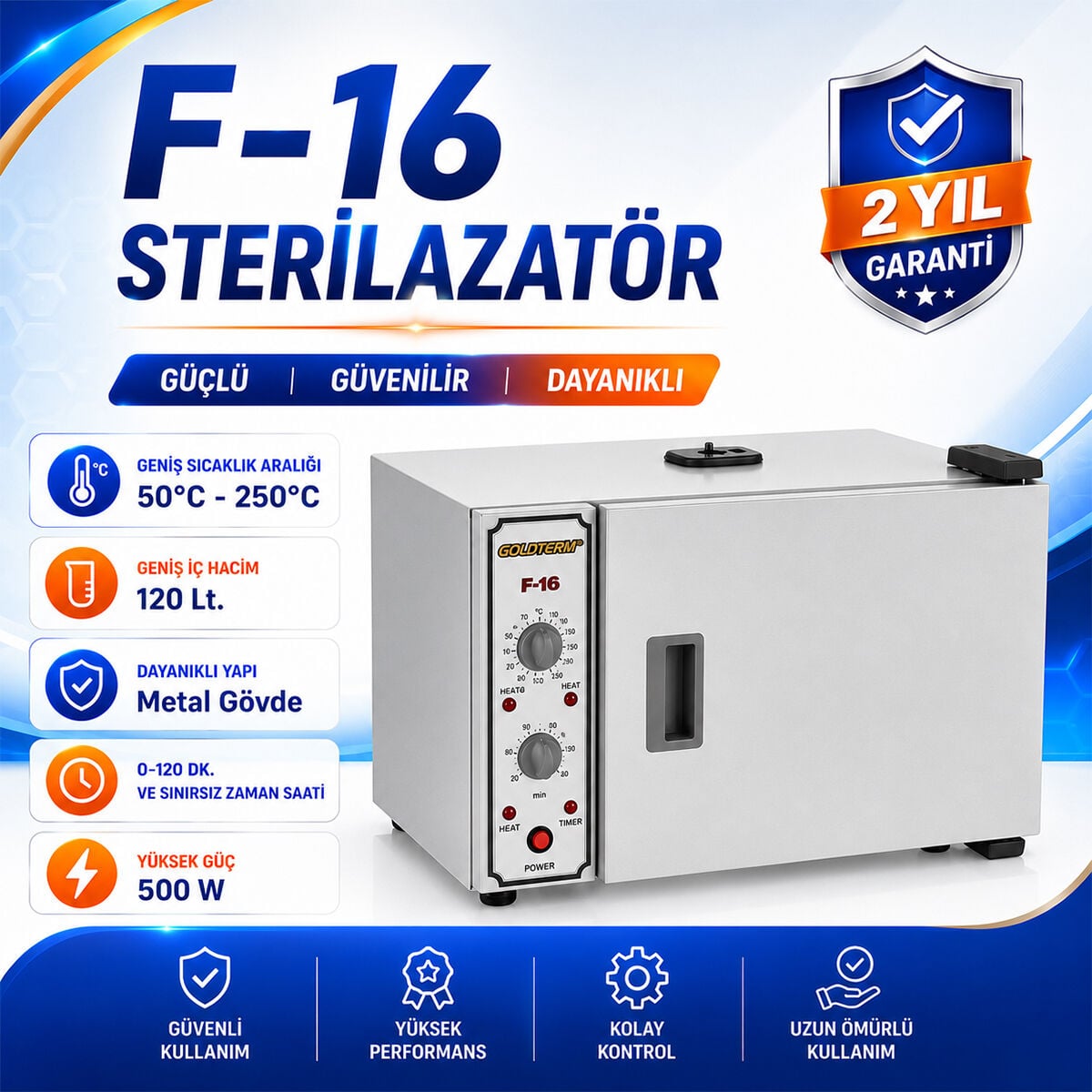 F-16 Sterilizatör | 16 Litre Kuru Hava Sterilizatörü, Dijital Kontrollü Profesyonel Sterilizasyon Cihazı