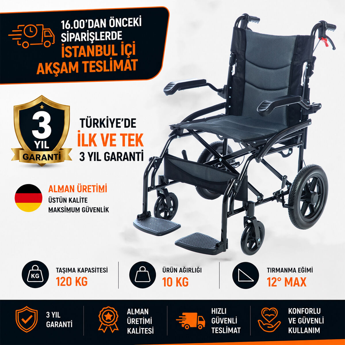 RÖMER R212 Hafif Manuel Tekerlekli Sandalye Siyah | Ultra Hafif Alüminyum Katlanabilir Tekerlekli Sandalye