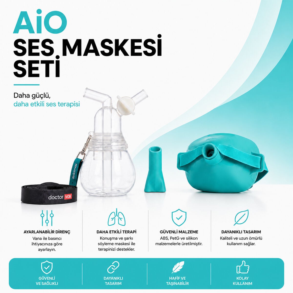 Ses Terapisi ve Vokal Eğitim Maskesi | doctorVox AİO Ses Maskesi Seti Turkuaz