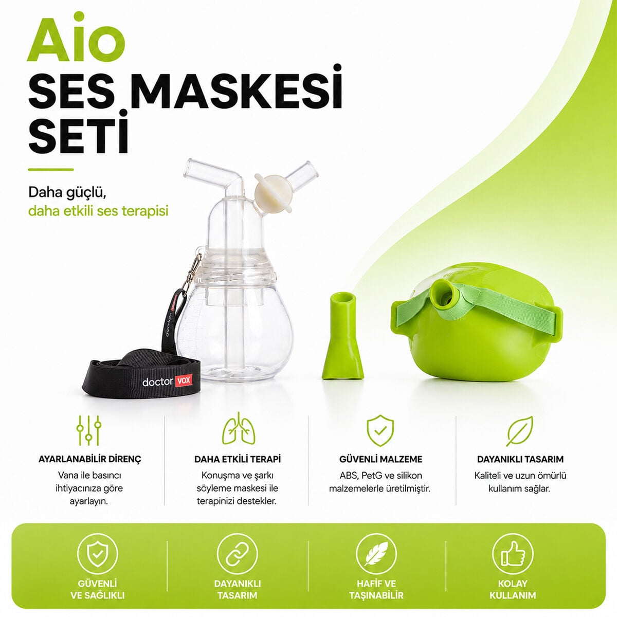Ses Terapisi ve Vokal Eğitim Maskesi | doctorVox AİO Ses Maskesi Seti Yeşil