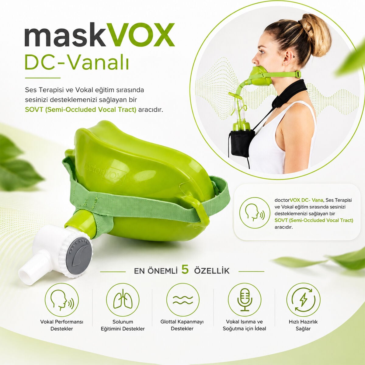 Ses Terapisi ve Vokal Egzersiz Maskesi | doctorVOX Vanalı Ses Maskesi Yeşil