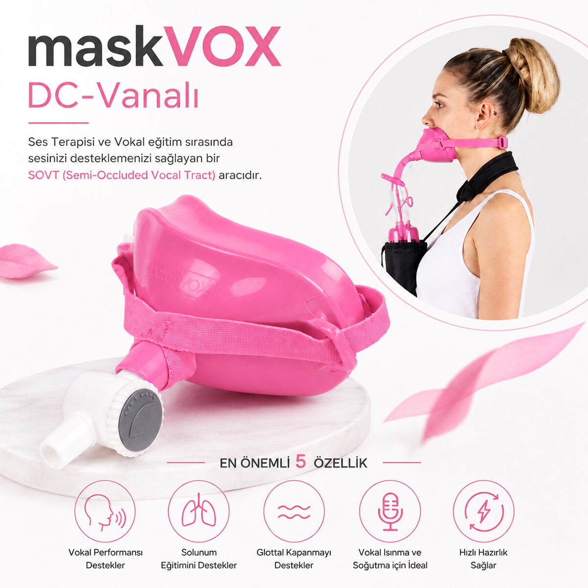 Ses Terapisi ve Vokal Egzersiz Maskesi | doctorVOX Vanalı Ses Maskesi Pembe