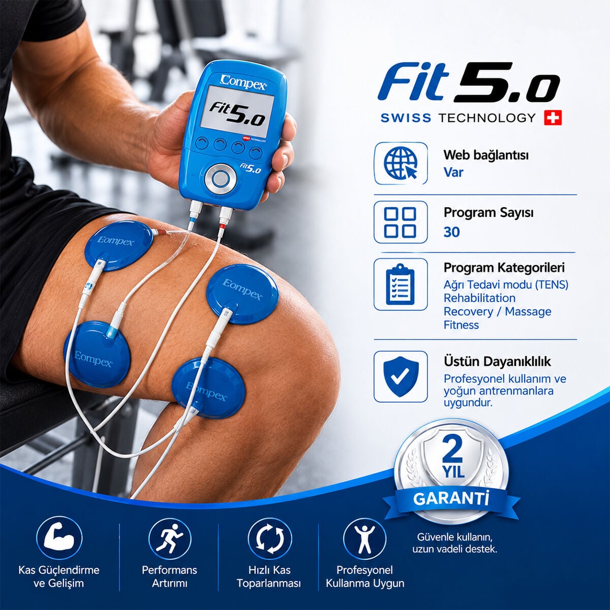 Compex Fit 5.0 Wireless Kas Geliştirme, Rehabilitasyon, Masaj ve TENS Cihazı | 30 Programlı