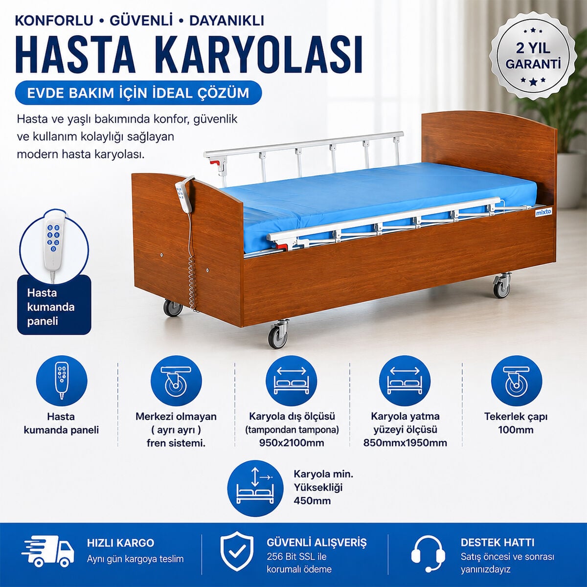 2 Motorlu Ahşap Hasta Karyolası | Elektrikli Kumandalı, Alüminyum Korkuluklu Hasta Yatağı 90x190 cm