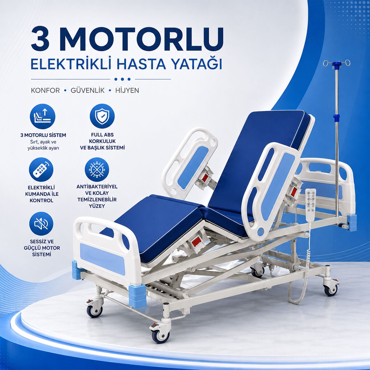 3 Motorlu Full ABS Hasta Karyolası | Elektrikli Asansörlü Kumandalı Hasta Yatağı 90x190 cm 220 kg