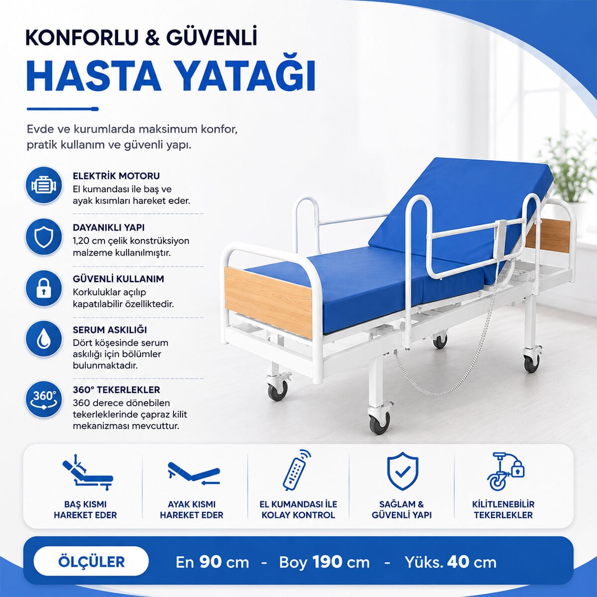 2 Motorlu Ekonomik Hasta Karyolası 4 Parçalı Yataklı | Elektrikli Kumandalı Hasta Yatağı