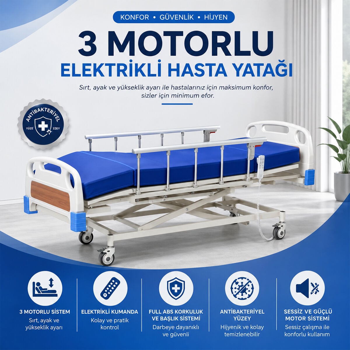 3 Motorlu Tabanca Korkuluklu Hasta Karyolası | Elektrikli Asansörlü ABS Başlıklı Hasta Yatağı 90x190 cm