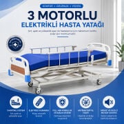 3 Motorlu Tabanca Korkuluklu Hasta Karyolası | Elektrikli Asansörlü ABS Başlıklı Hasta Yatağı 90x190 cm