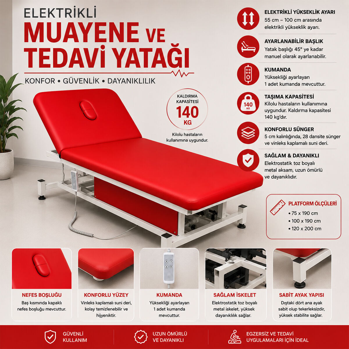 TK 509 100 X 190 Çift Motorlu Manipülasyon Yatağı - Kırmızı | Elektrikli Başlık ve Yükseklik Ayarlı