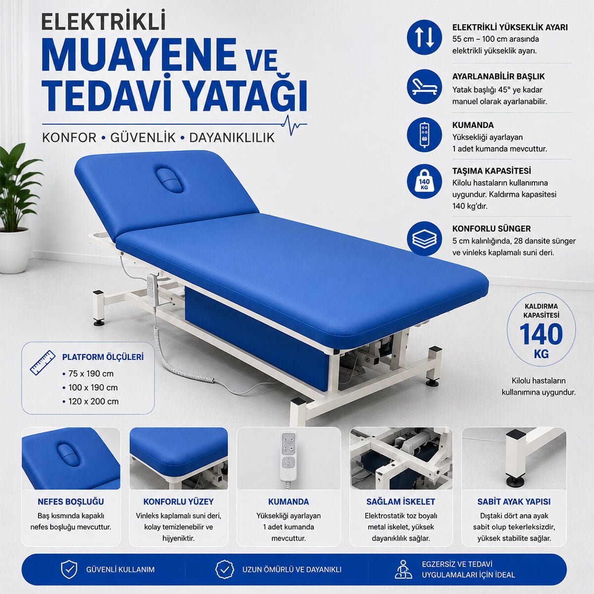 TK 509 75X190 Çift Motorlu Manipülasyon Yatağı - Mavi | Elektrikli Başlık ve Yükseklik Ayarlı