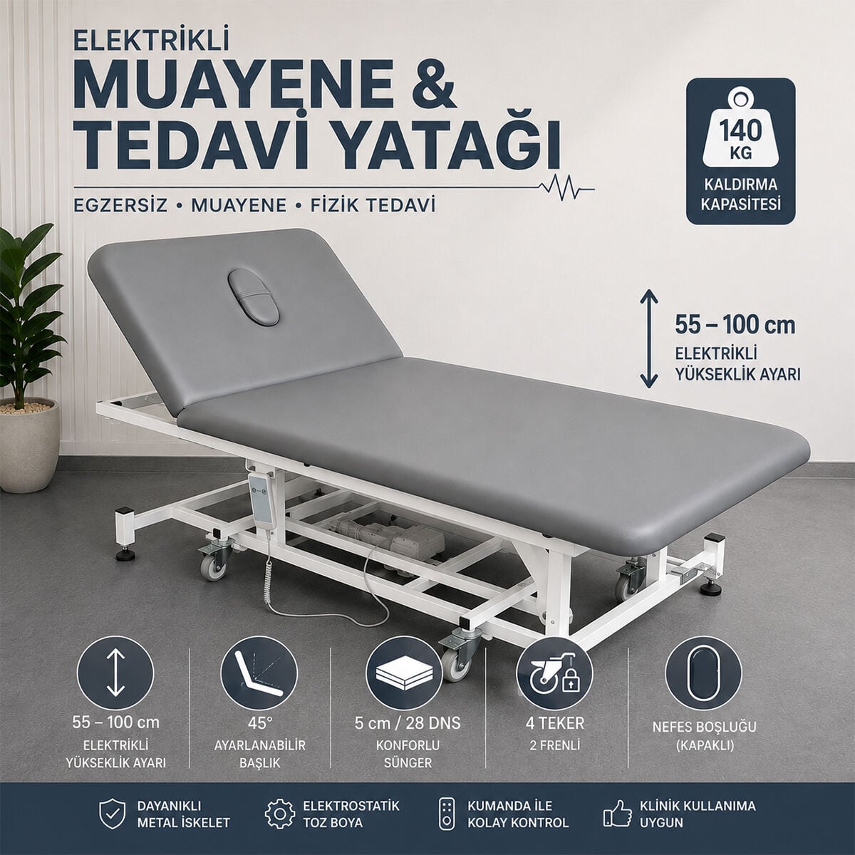 TK 5091 Tek Motorlu Tekerlekli Bobat Yatağı Manipülasyon Yatağı - Gri | Elektrikli 55-100 cm, 75x190 cm, 140 kg