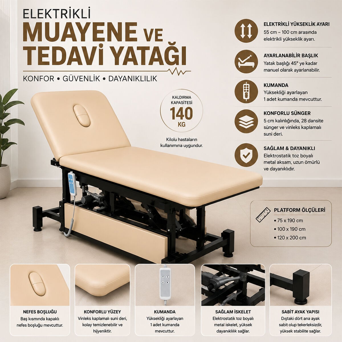 TK 5092 100 × 200 cm Tek Motorlu Tekerlekli Bobat yatağı Manipülasyon Yatağı - Krem | Elektrikli 55-100 cm, 140 kg