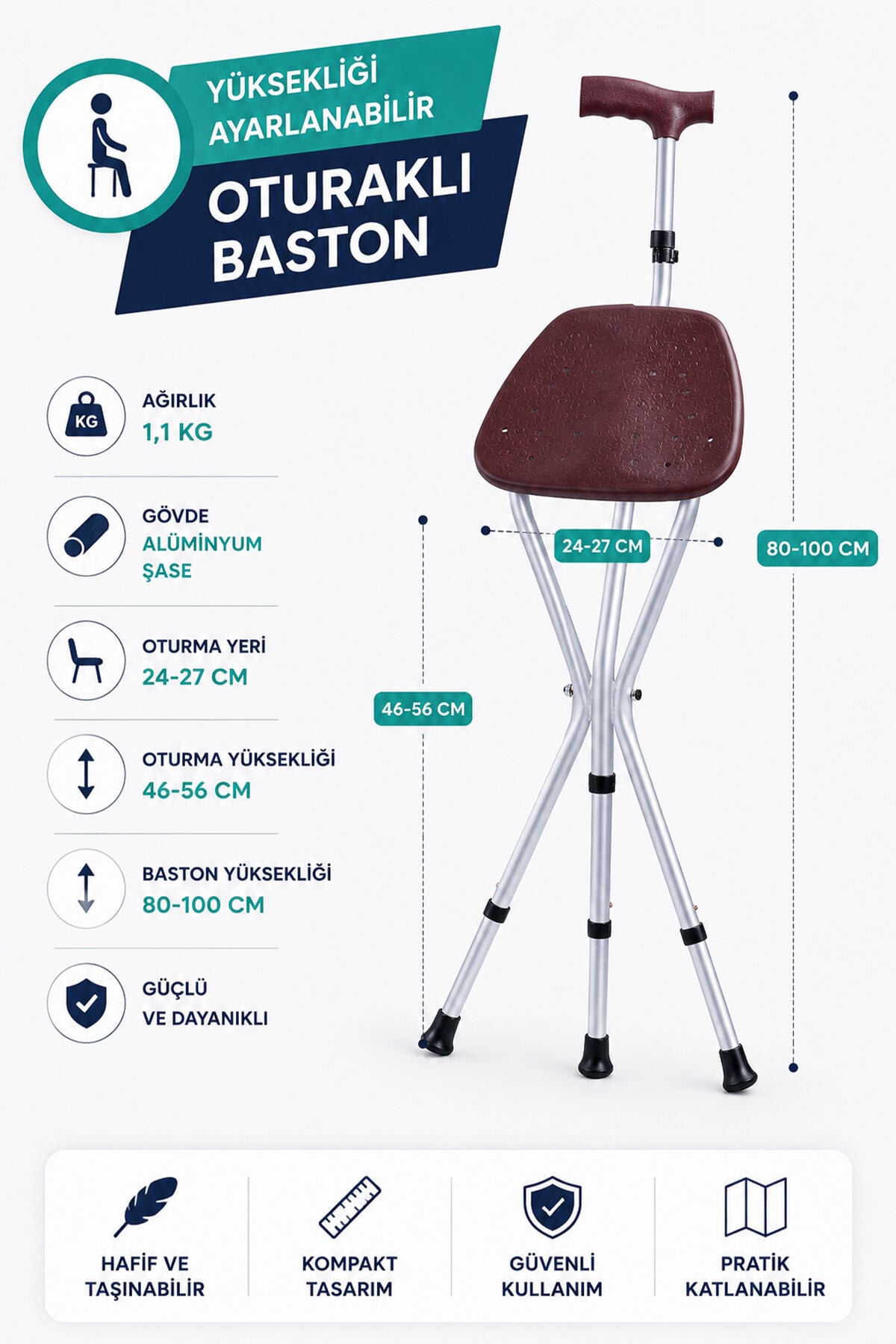 DM-74 Oturaklı Baston | Boy Ayarlı Üç Ayaklı Hasta Taburesi ve Yürüyüş Bastonu