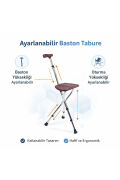 DM-74 Oturaklı Baston | Boy Ayarlı Üç Ayaklı Hasta Taburesi ve Yürüyüş Bastonu
