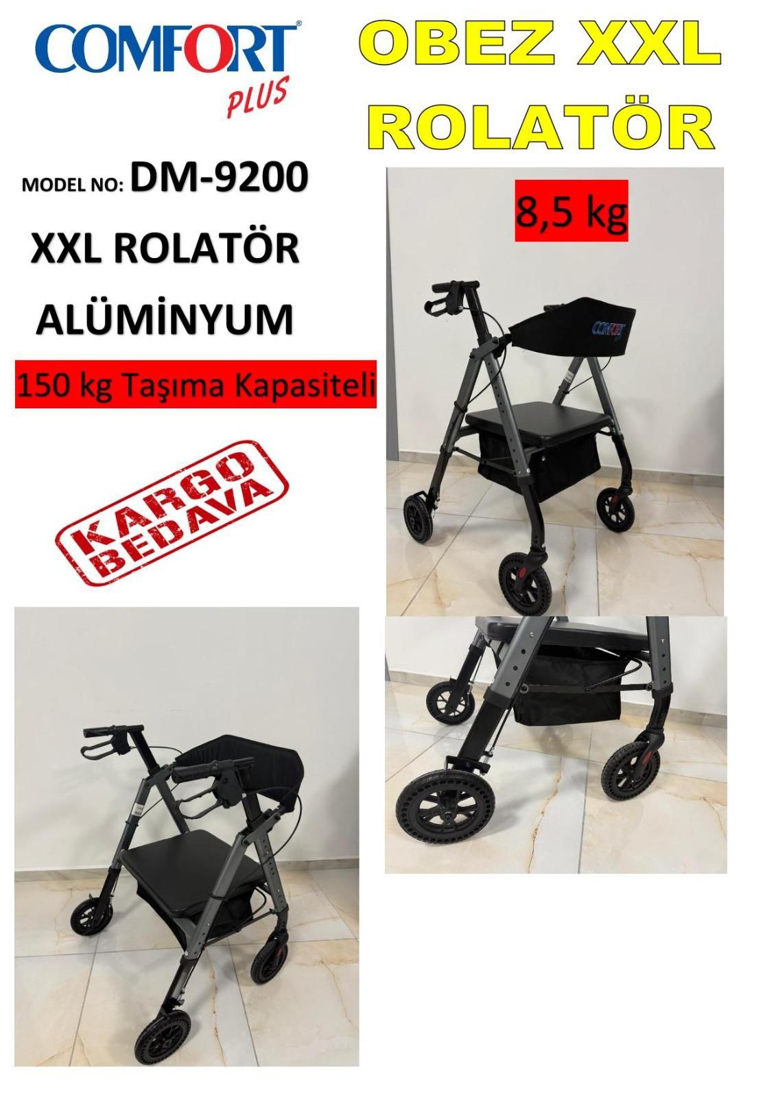 Dm-9200 150 kg Taşıma Kapasiteli Alüminyum Obez XXL Rolatör Yürüteç