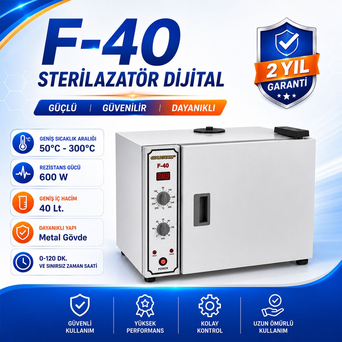 F-40 Dijital Sterilizatör | 40 Litre Yüksek Kapasiteli Kuru Hava Sterilizatörü, Profesyonel Klinik ve Güzellik Merkezi Kullanımına Uygun
