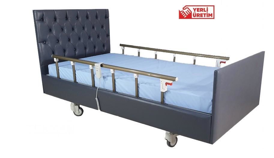 2 Hareketli Dual Motorlu Ahşap Kumaş Döşemeli Hasta Bakım Karyolası Yatağı