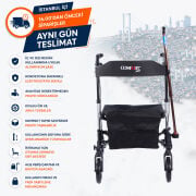Comfort Plus DM-9102 Gümüş Lüx Alüminyum Rolatör Yürüteç Katlanabilir, Seyahat Ve Uçuş Için, Yüksekliği Ayarı Baston Tutucu