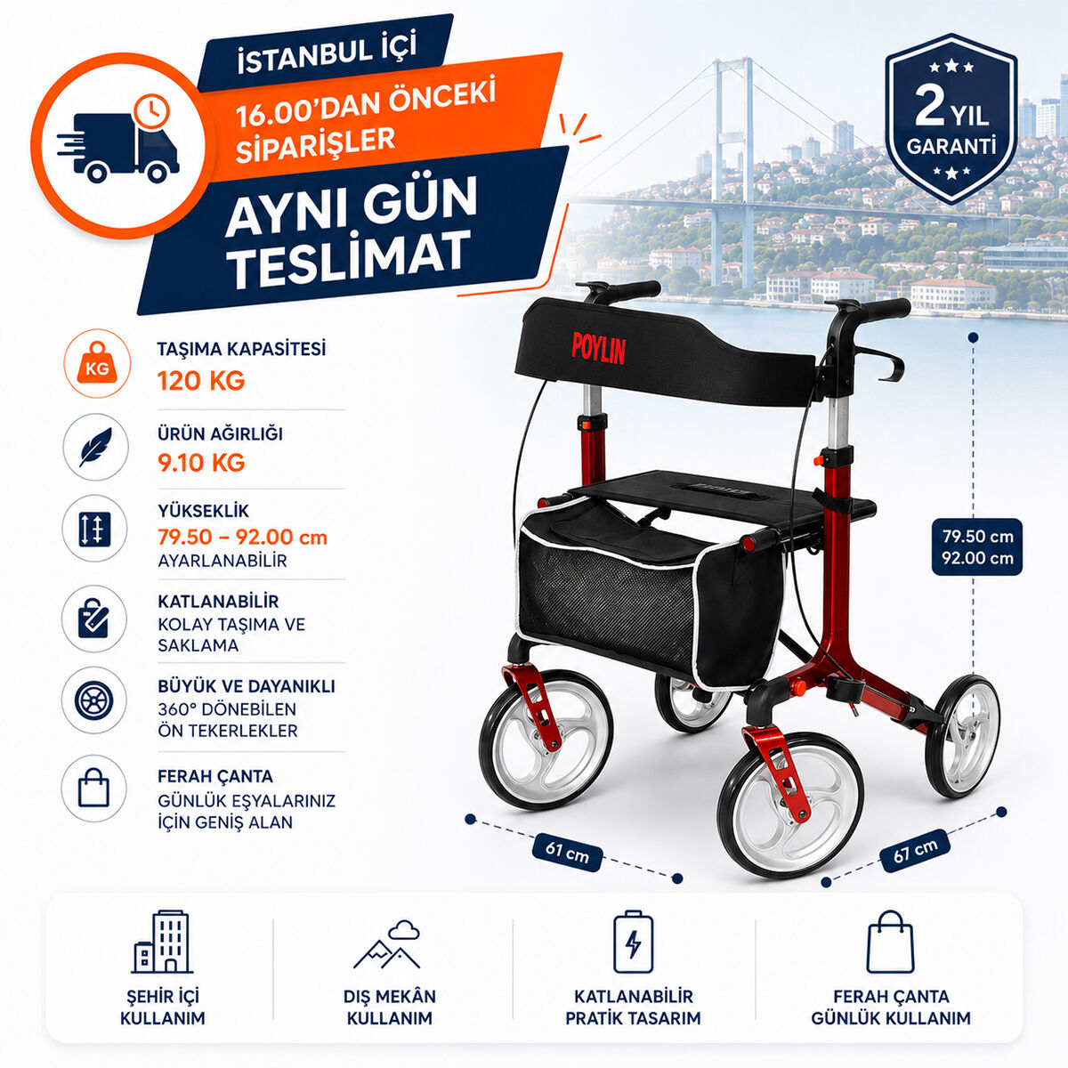 P888 Lüks Rollatör | Hafif, Katlanabilir ve Oturaklı Premium Rollatör
