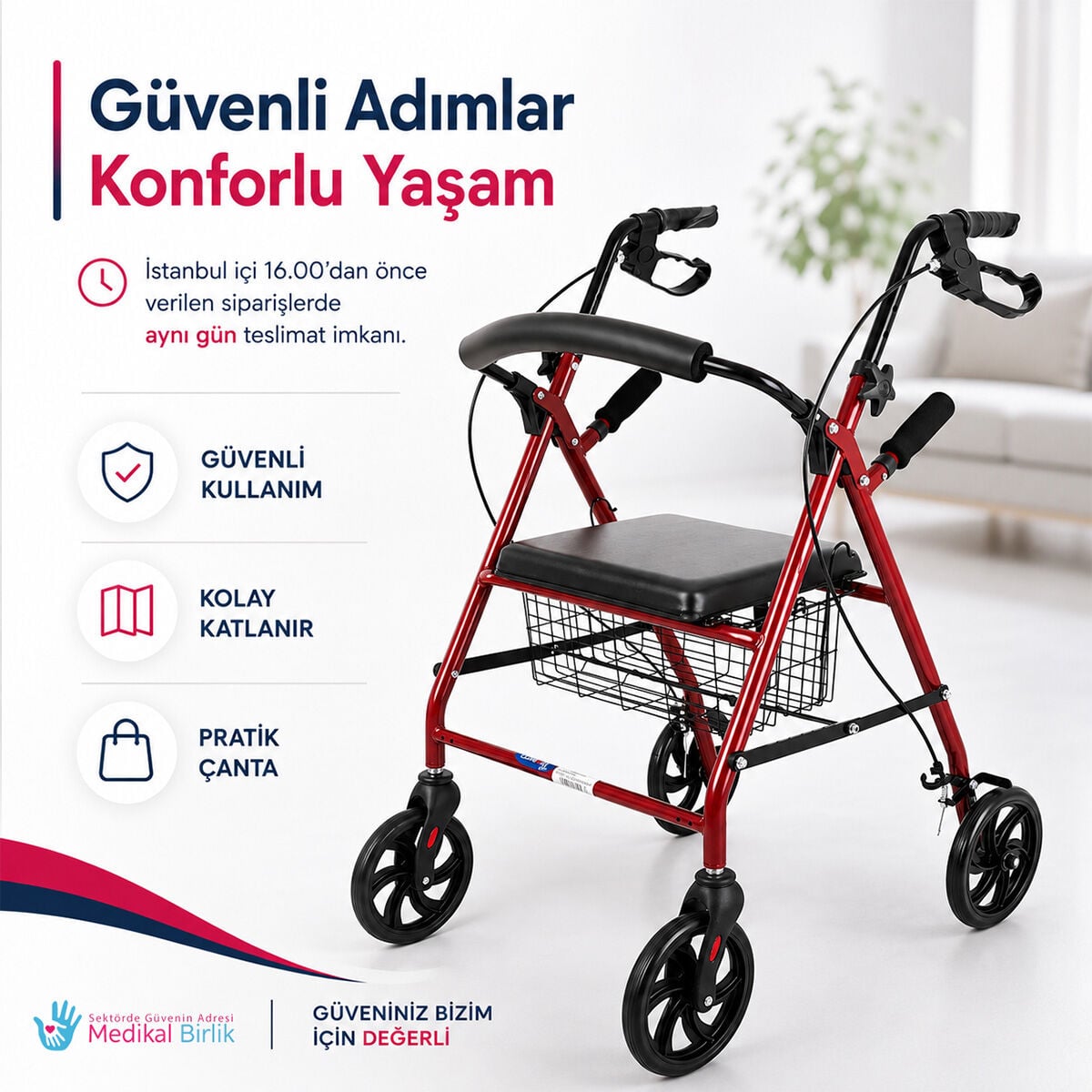 Comfort Plus DM-9144 Rolatör oturaklı Yürüteç sepetli frenli 4 Tekerlekli Yürüteç