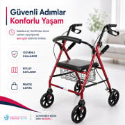 Comfort Plus DM-9144 Rolatör oturaklı Yürüteç sepetli frenli 4 Tekerlekli Yürüteç