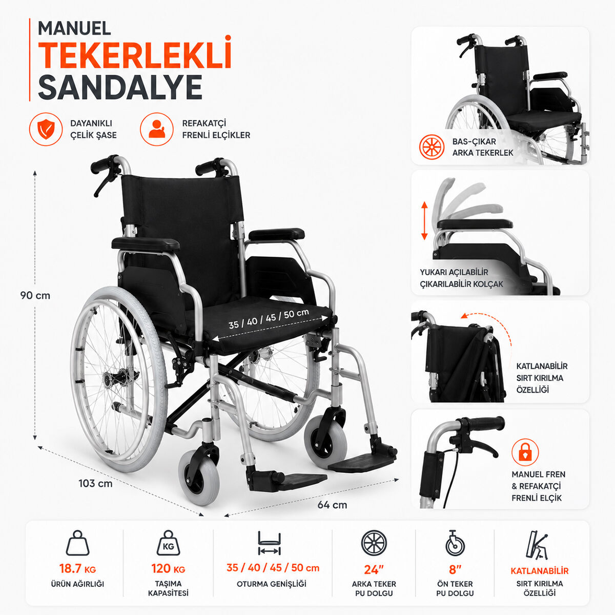 P120 Refakatçi Frenli Manuel Tekerlekli Sandalye | 35 cm Oturma Genişliğine Sahip Güvenli ve Pratik Model