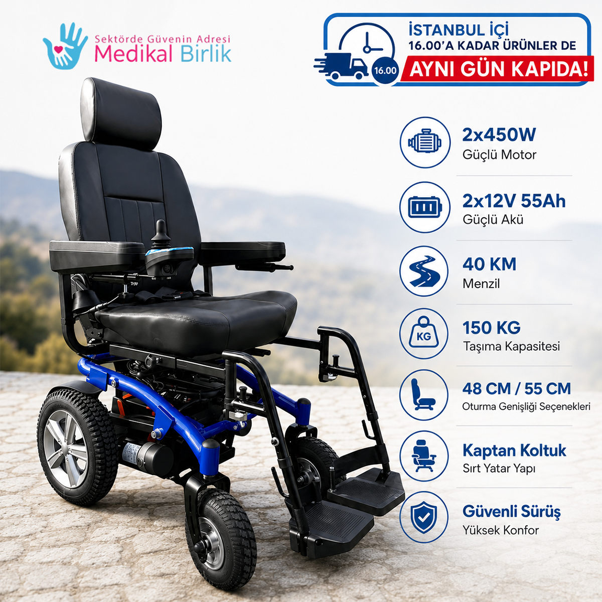P265 Arazi Tip Akülü Tekerlekli Sandalye | 48 cm, 2x450W Motorlu Güçlü Model