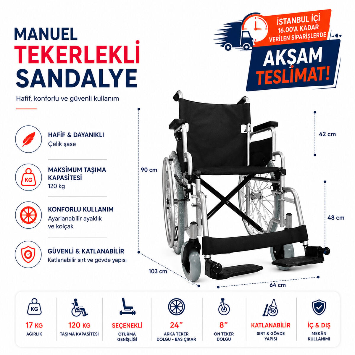 P111 Manuel Tekerlekli Sandalye 45 cm